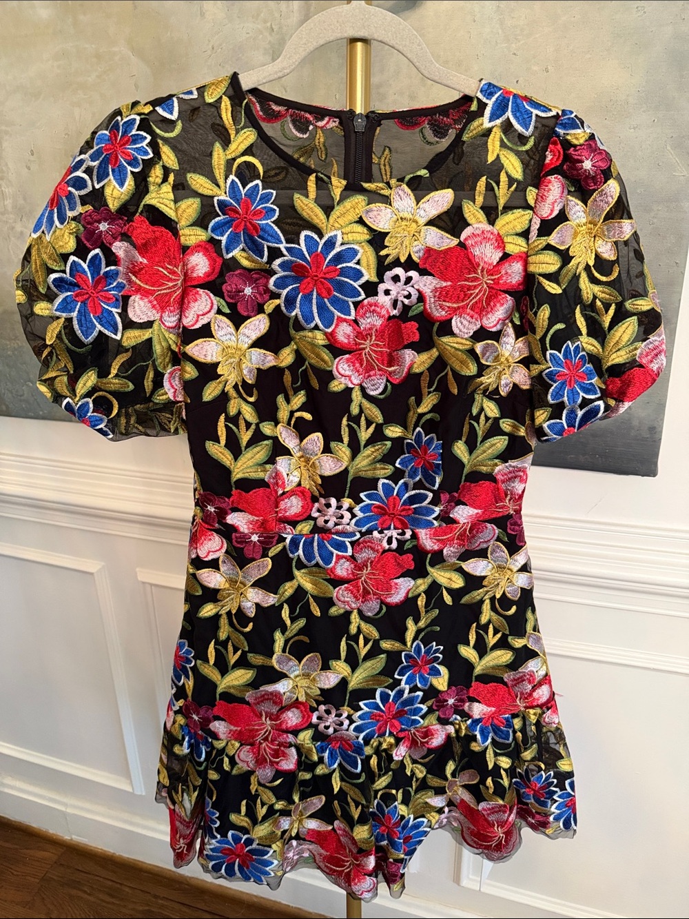 Milly Mesh Floral Embroidered Puff-Sleeve Dress